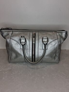 Milly Jayden Metallic Silver Leather Zip Satchel Handbag Large Hobo Tote Bag